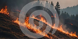 Wildfire forest fire burning near a town.