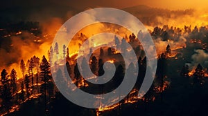 Wildfire forest fire at night, global warming and natural disaster concept. Generative AI