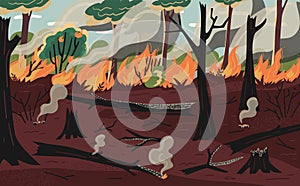 Wildfire natural disaster in forest scene with burnt trees