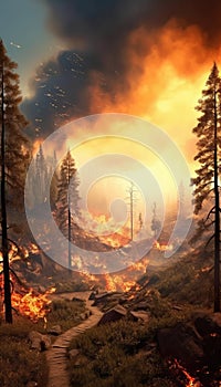 Wildfire rages in drought-ridden forest, smoke covers the burning horizon. (Generative AI