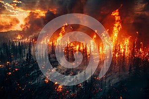 Wildfire raging through a forest, destroying habitats and emitting harmful gases