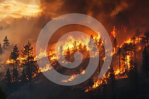 Wildfire spreading across hillside with smoke and flames photo