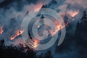 Wildfire spreading across hillside with smoke and flames photo