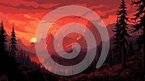 Wildfire Sunset In The Mountains - Dark Crimson 2d Game Art