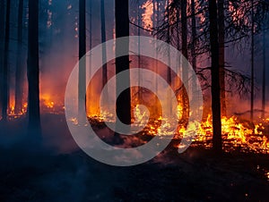 Wildfires burning trees with smoke