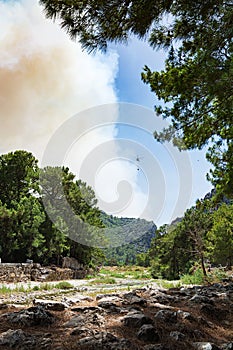 Wildfires in Turkey. Kemer. Firefighter helicopter.