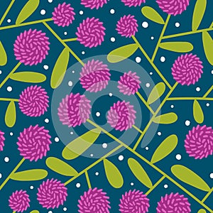 Wildflower floral seamless pattern. Cute dark autumn chrysanthemum blooming petals on navy background.