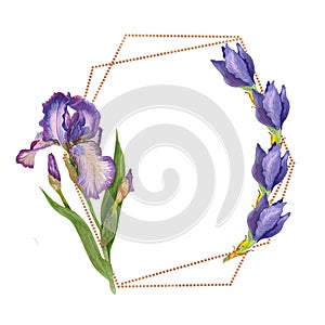 Wildflower iris flower frame in a watercolor style isolated. Delicate flowers. Purple iris. Women's Day. Beautiful