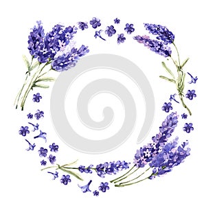 Wildflower lavender flower wreath in a watercolor style isolated.