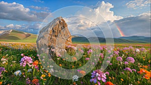 Wildflower Meadow with Rocky Outcrop and Rainbow