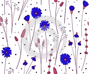 Wildflower seamless pattern. Floral repeat background. Flowers and leaves ornament for fabric