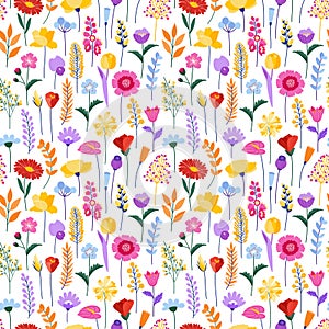 Wildflower seamless pattern. Meadow colorful flowers and herbs on a beige background