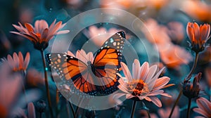 Wildflower Serenity: Macro Pink Blooms & Orange Butterfly - Nature Wallpaper