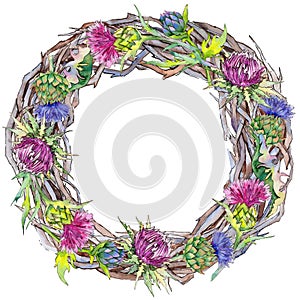 Wildflower thistle flower wreath in a watercolor style.