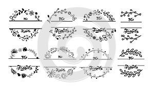 Wildflower wreaths and frames with Family lettering set. Space for surname. Vector stock illustration for poster