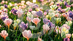 Wildflowers blooming in a meadow, showcasing a plethora of beautiful pink, purple, and green pastel-colored flowers. photo