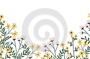 Wildflowers border with spring flowers and green leaves. Botanical banner with floral, herbs for decoration