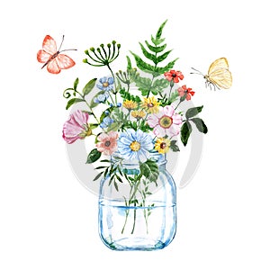 Wildflowers bouquet in a mason jar, hand-painted botanical illustration