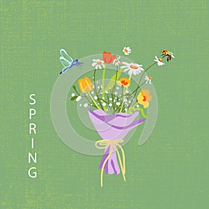 Wildflowers bouquet paper packaging textured green background. Dragonfly bee daisies tulips daisies. Spring poster