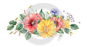Wildflowers. Bouquet of red and yellow poppy, cornflowers, chamomile and herbs. Watercolor hand drawn illustration.
