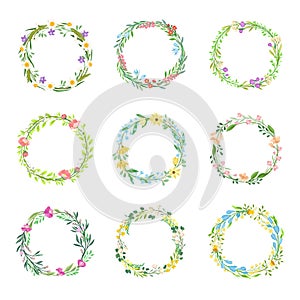 Wildflowers Circle Frames Vector Set. Circular Botanical Wreath Collection