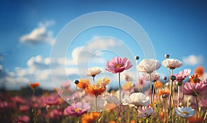 Wildflowers colorful various flowers in field.Colorful wildflower meadow with sunshine and blue sky background.Summer