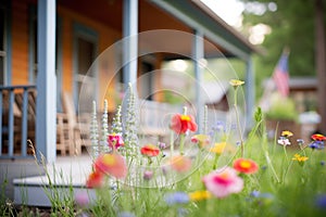 wildflowers in foreground with log cabin porch behind