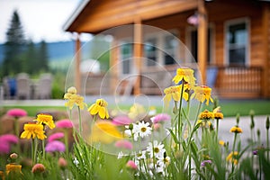 wildflowers in foreground with log cabin porch behind