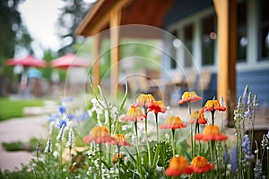 wildflowers in foreground with log cabin porch behind