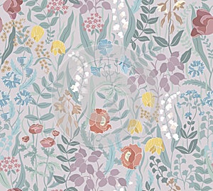 Wildflowers on gray background seamless pattern. Pastel colors. Vector illustration.