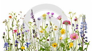 Wildflowers and green grass blades in front of white