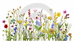 Wildflowers and green grass blades in front of white