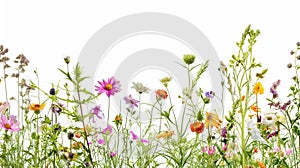 Wildflowers and green grass blades in front of white