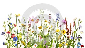 Wildflowers and green grass blades in front of white