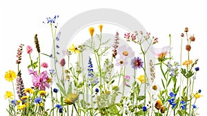 Wildflowers and green grass blades in front of white