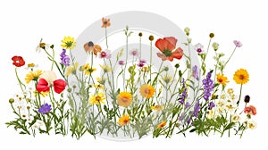 Wildflowers and green grass blades in front of white