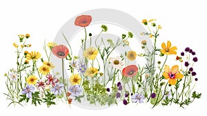 Wildflowers and green grass blades in front of white