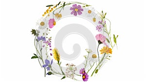 Wildflowers and green grass, bround circular arrangement of field wild flowers on white