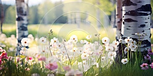 Wildflowers growing under birch tree on green grass on forest glade