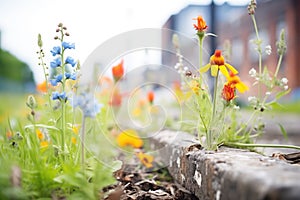 wildflowers growing between unused railway ties