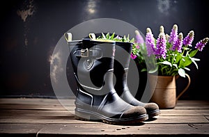 Wildflowers and high black rubber boots against the background of an old wall, indoors.