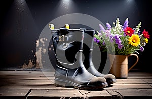 Wildflowers and high black rubber boots against the background of an old wall, indoors.