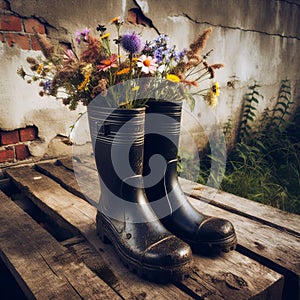 Wildflowers are inserted into to high black rubber boots.