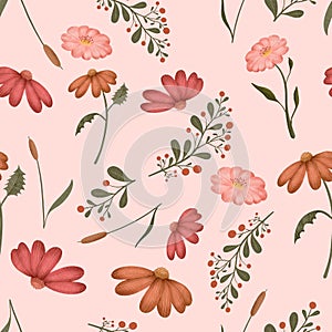 Wildflowers and leaves seamless pattern