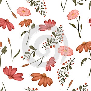 Wildflowers and leaves seamless pattern