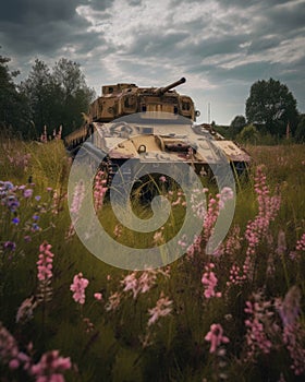 The wildflowers and long grass do not obscure the tragedy of the tank but rather evidence a new powerful struggle