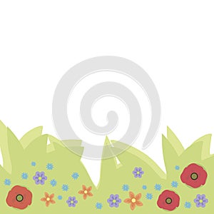 Wildflowers, poppies, Forget-me-nots blue, red and orange on ponies light green foliage on a white background