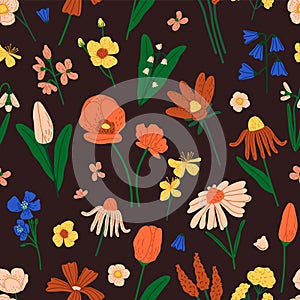 Wildflowers on repeatable pattern. Different wild field flowers- poppy, bell, chamomile. Blossom meadow plants