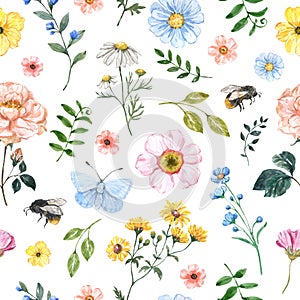 Wildflowers seamless pattern. Pretty summer meadow flowers, herbs, bees, butterflies on white background. Watercolor print