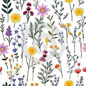 Wildflowers seamless pattern on white background